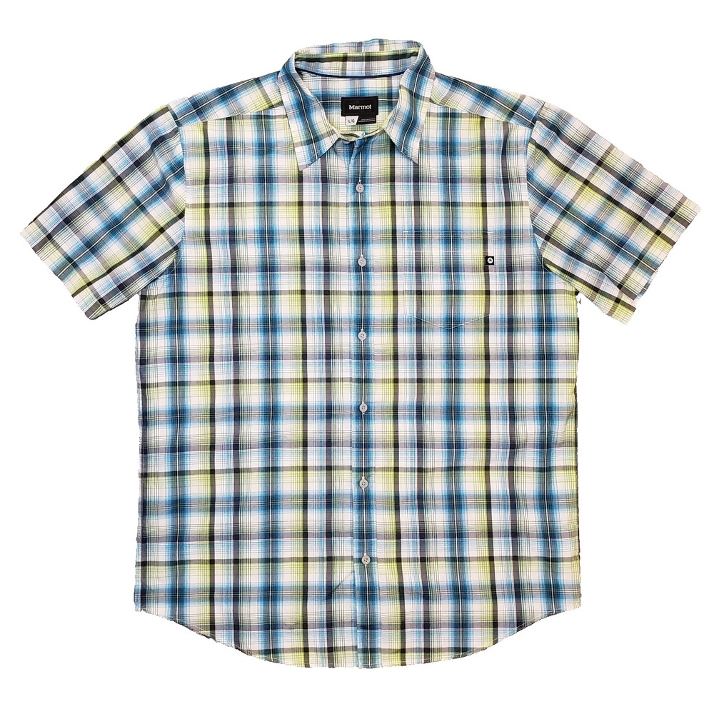 Marmot Plaid Button Down Shirt Mens Large Blue Green Plaid Modern Hiking Outdoor